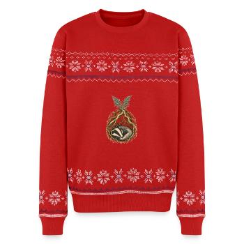 Dachs unter den Wurzeln - Unisex Premium Organic Weihnachtspullover - Rot - Vorne - AI Model Female 172 light (172cm) & AI Model Male 178 light (178cm)