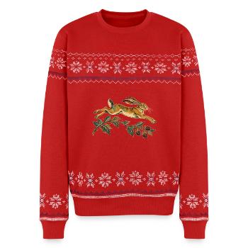 Hase über den Brombeerbaum - Unisex Premium Organic Weihnachtspullover - Rot - Vorne - AI Model Female 172 light (172cm) & AI Model Male 178 light (178cm)