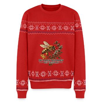 Die Damen bestimmen den Tagesplan – Imkerei - Unisex Premium Organic Weihnachtspullover - Rot - Vorne - AI Model Female 172 light (172cm) & AI Model Male 178 light (178cm)