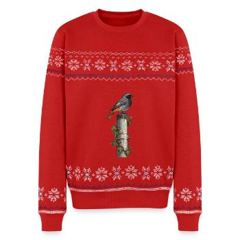 Hausrotschwanz – Der nächste Bus kann warten - Unisex Premium Organic Weihnachtspullover - Rot - Vorne - AI Model Female 172 light (172cm) & AI Model Male 178 light (178cm)