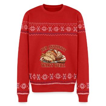 Der Anschnitt war’s wert – Sauerteigbrot - Unisex Premium Organic Weihnachtspullover - Rot - Vorne - AI Model Female 172 light (172cm) & AI Model Male 178 light (178cm)