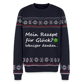 Mein Rezept für Glück Weniger denken - Unisex Premium Organic Weihnachtspullover - Navy - Vorne - AI Model Female 172 light (172cm) & AI Model Male 178 light (178cm)