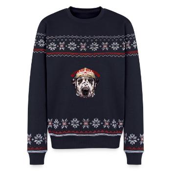 Feuerwehr Hund T-Shirt Vintage Wappen - Unisex Premium Organic Weihnachtspullover - Navy - Vorne - AI Model Female 172 light (172cm) & AI Model Male 178 light (178cm)