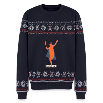 Badmintonspieler beim Smash - Retro Stil - Unisex Premium Organic Weihnachtspullover - Navy - Vorne - AI Model Female 172 light (172cm) & AI Model Male 178 light (178cm)