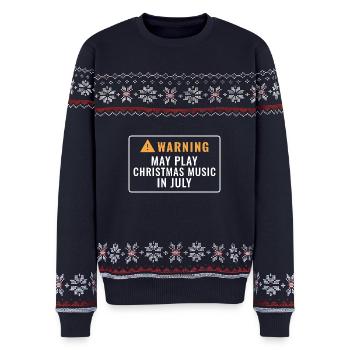 Darf im Juli Weihnachtsmusik spielen – Warnung - Unisex Premium Organic Weihnachtspullover - Navy - Vorne - AI Model Female 172 light (172cm) & AI Model Male 178 light (178cm)