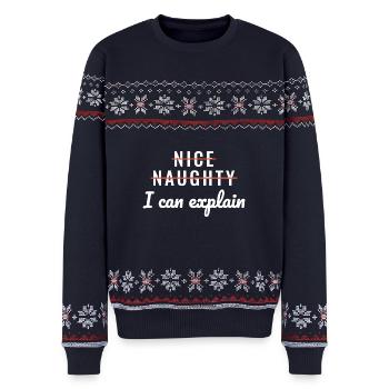 Schön, frech, ich kann lustige Weihnachten erklären. - Unisex Premium Organic Weihnachtspullover - Navy - Vorne - AI Model Female 172 light (172cm) & AI Model Male 178 light (178cm)