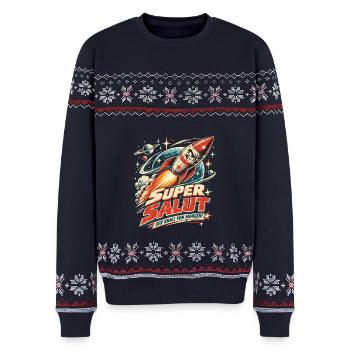 Super Salut Feuerwerk Retro Rakete - Unisex Premium Organic Weihnachtspullover - Navy - Vorne - AI Model Female 172 light (172cm) & AI Model Male 178 light (178cm)