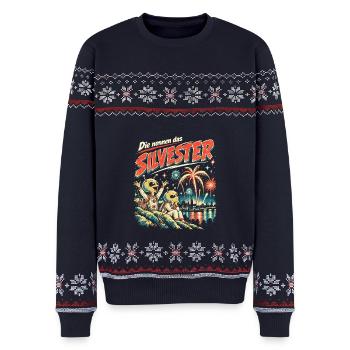 Die nennen das Silvester Alien Feuerwerk - Unisex Premium Organic Weihnachtspullover - Navy - Vorne - AI Model Female 172 light (172cm) & AI Model Male 178 light (178cm)
