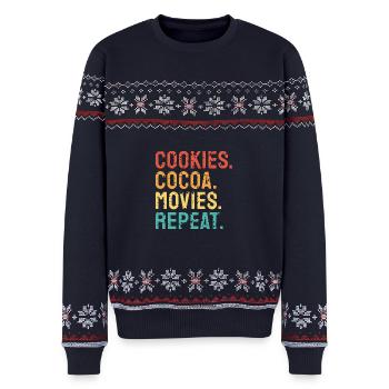 Cookies Cocoa Filme wiederholen Weihnachten - Unisex Premium Organic Weihnachtspullover - Navy - Vorne - AI Model Female 172 light (172cm) & AI Model Male 178 light (178cm)