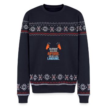 Klatscht nach jedem Aufguss und jeder Landung - Unisex Premium Organic Weihnachtspullover - Navy - Vorne - AI Model Female 172 light (172cm) & AI Model Male 178 light (178cm)