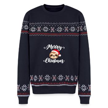 Faultier mit Weihnachtsmütze Merry Christmas - Unisex Premium Organic Weihnachtspullover - Navy - Vorne - AI Model Female 172 light (172cm) & AI Model Male 178 light (178cm)