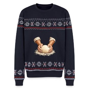 Spannung im Teig – Handwerkliches Brotbacken - Unisex Premium Organic Weihnachtspullover - Navy - Vorne - AI Model Female 172 light (172cm) & AI Model Male 178 light (178cm)