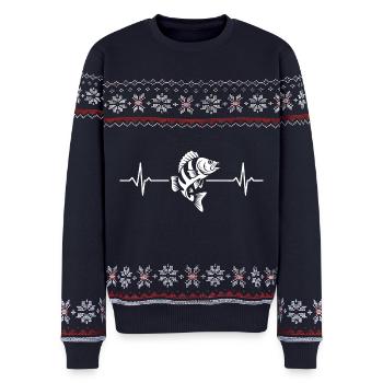 Barsch Angeln Motiv - Unisex Premium Organic Weihnachtspullover - Navy - Vorne - AI Model Female 172 light (172cm) & AI Model Male 178 light (178cm)
