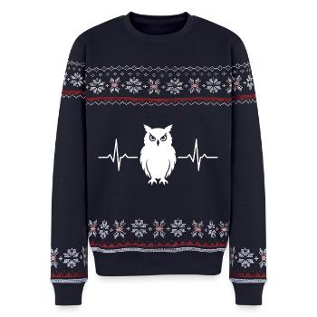 Eule Herzschlag - Unisex Premium Organic Weihnachtspullover - Navy - Vorne - AI Model Female 172 light (172cm) & AI Model Male 178 light (178cm)