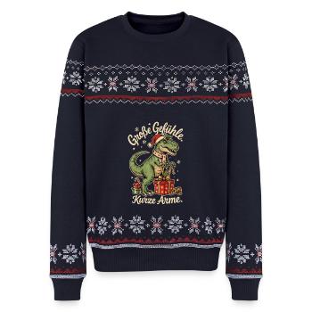 Weihnachts T-Rex mit Nikolausmütze und Geschenken - Unisex Premium Organic Weihnachtspullover - Navy - Vorne - AI Model Female 172 light (172cm) & AI Model Male 178 light (178cm)