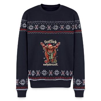 Schottisches Hochlandrind Weihnachtsspruch - Unisex Premium Organic Weihnachtspullover - Navy - Vorne - AI Model Female 172 light (172cm) & AI Model Male 178 light (178cm)