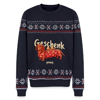 Dackel als Weihnachtsgeschenk für Dackelliebhaber - Unisex Premium Organic Weihnachtspullover - Navy - Vorne - AI Model Female 172 light (172cm) & AI Model Male 178 light (178cm)