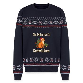 Katze Weihnachten Umgekippter Weihnachtsbaum Humor - Unisex Premium Organic Weihnachtspullover - Navy - Vorne - AI Model Female 172 light (172cm) & AI Model Male 178 light (178cm)