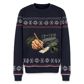 Eintrag statt Gipfelfoto – GPS-Schatzsuche - Unisex Premium Organic Weihnachtspullover - Navy - Vorne - AI Model Female 172 light (172cm) & AI Model Male 178 light (178cm)