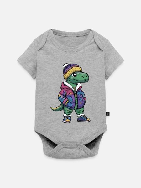 Dinosaurier mit Winterjacke und Mütze - Baby Premium Kurzarmbody - Grau meliert