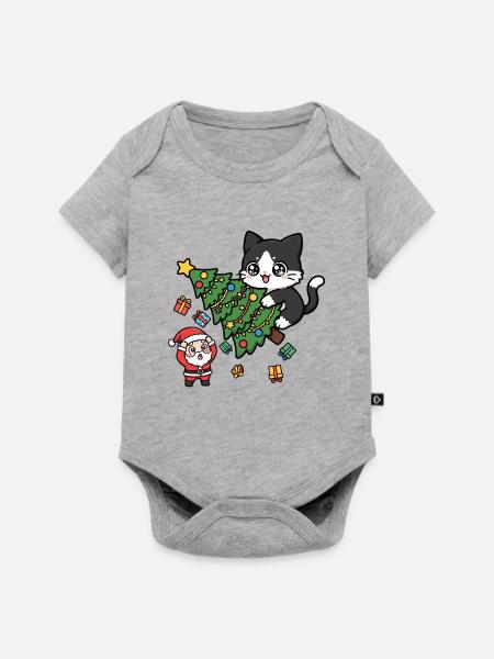 Weihnachtskatze umarmt festlichen Baum - Baby Premium Kurzarmbody - Grau meliert