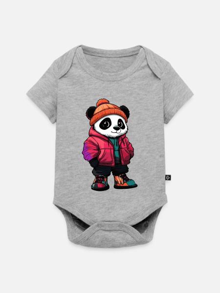 Panda mit Winterjacke und Mütze - Baby Premium Kurzarmbody - Grau meliert