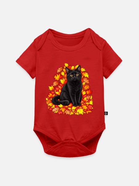 Schwarze Katze im Herbstlaub - Baby Premium Kurzarmbody - Rot