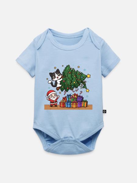 Katze schiebt Weihnachtsbaum - Baby Premium Kurzarmbody - Hellblau