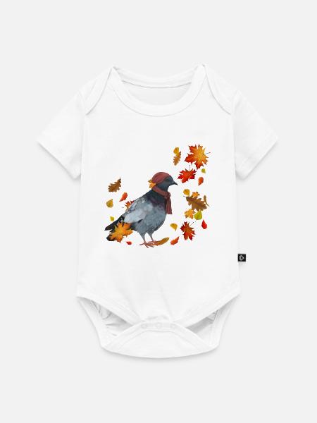 Herbsttaube mit Mütze und Schal im Herbstlaub - Baby Premium Kurzarmbody - Weiß