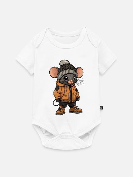 Maus mit Winterjacke und Mütze - Baby Premium Kurzarmbody - Weiß