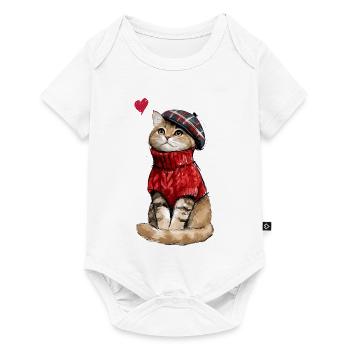 Süße Katze mit Baskenmütze und Strickpullover - Baby Premium Kurzarmbody - Weiß - Vorne