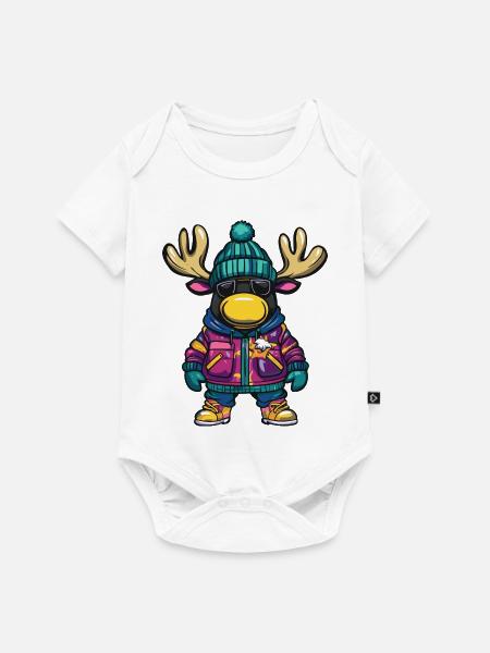 Elch mit Winterjacke und Sonnenbrille - Baby Premium Kurzarmbody - Weiß