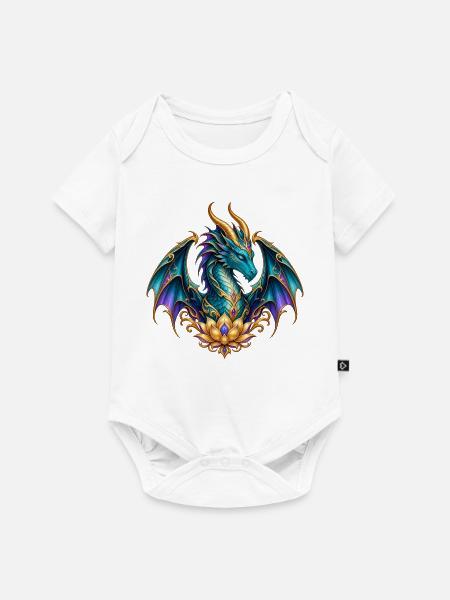Lotusdrache – Türkiser Fantasy-Drache in Gold - Baby Premium Kurzarmbody - Weiß