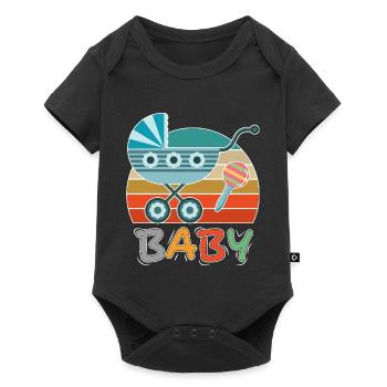 Baby Kinderwagen Rassel Spazieren gehen Retro - Baby Premium Kurzarmbody - Schwarz - Vorne