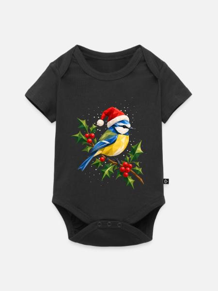 Weihnachtliche Blaumeise auf Stechpalme - Baby Premium Kurzarmbody - Schwarz