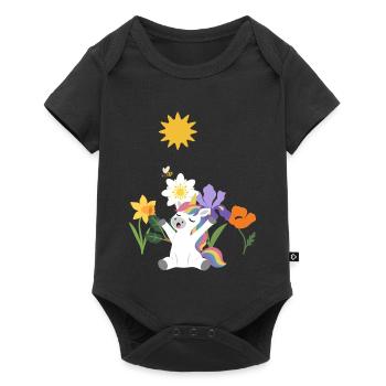 Einhorn Blumen Kinder fantasievoll Silberwurz - Baby Premium Kurzarmbody - Schwarz - Vorne