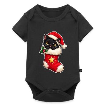 Schwarzes Weihnachtskätzchen in einer Pixel-Art-Socke - Baby Premium Kurzarmbody - Schwarz - Vorne