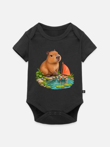 Kleines Capybara am Kieselboot - Baby Premium Kurzarmbody - Schwarz
