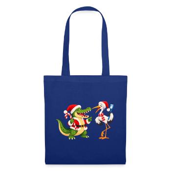 Weihnachtliches Krokodil mit Zahnbürste und Vogel - Stoffbeutel - Royalblau - Vorne