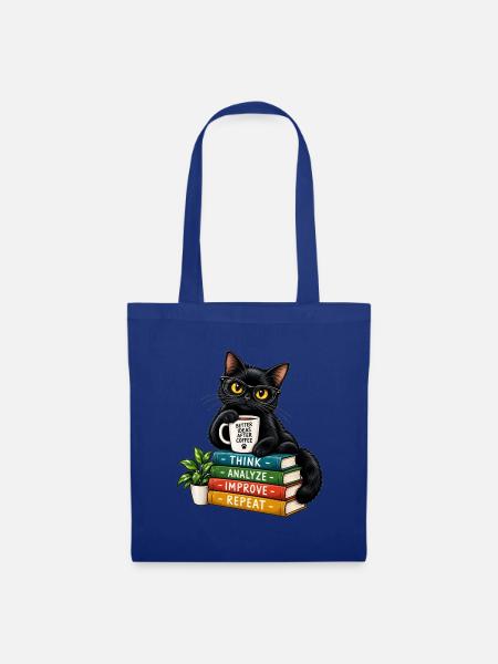 Nerdy Katze mit Kaffee und Büchern - Stoffbeutel - Royalblau