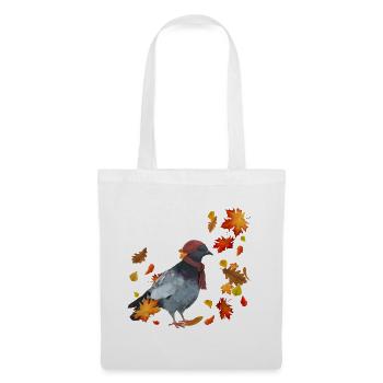 Herbsttaube mit Mütze und Schal im Herbstlaub - Stoffbeutel - Weiß - Vorne