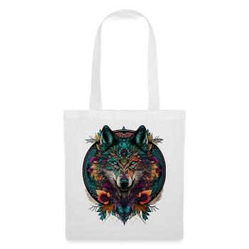 Wolf Mandala Rund – Wolf Krafttier - Stoffbeutel - Weiß - Vorne