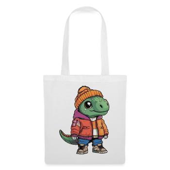 Dinosaurier mit orangefarbener Winterjacke - Stoffbeutel - Weiß - Vorne