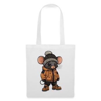 Maus mit Winterjacke und Mütze - Stoffbeutel - Weiß - Vorne