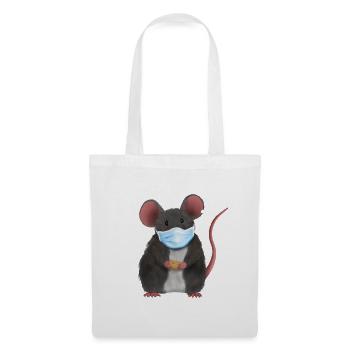 Ratte mit Mundschutz - Ratte mit Käse - Stoffbeutel - Weiß - Vorne