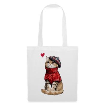 Süße Katze mit Baskenmütze und Strickpullover - Stoffbeutel - Weiß - Vorne