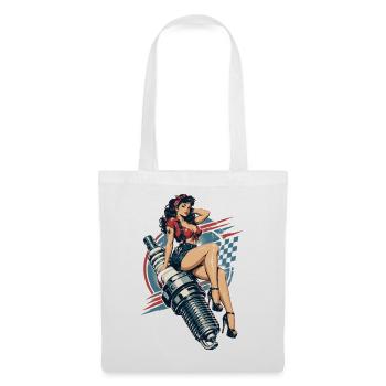Vintage Hot Rod Pin-Up: Mechanikerin auf Zündkerze - Stoffbeutel - Weiß - Vorne