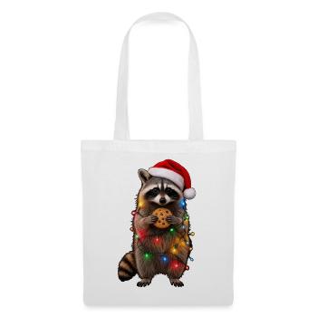 Süßer Weihnachtsmützen Waschbär mit Lichterkette - Stoffbeutel - Weiß - Vorne