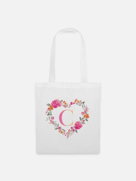 C Monogramm Blumen Herz personalisierbar - Stoffbeutel - Weiß