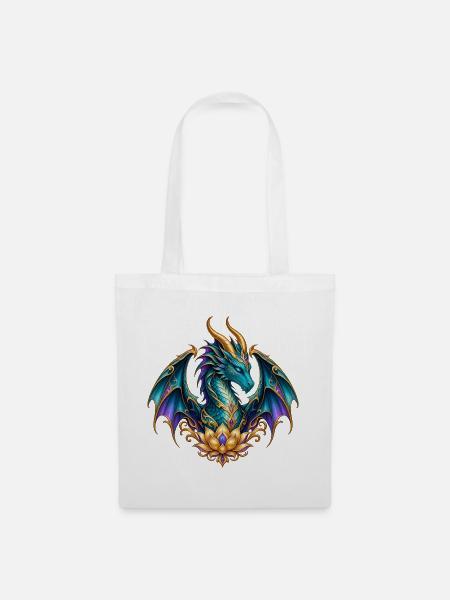 Lotusdrache – Türkiser Fantasy-Drache in Gold - Stoffbeutel - Weiß